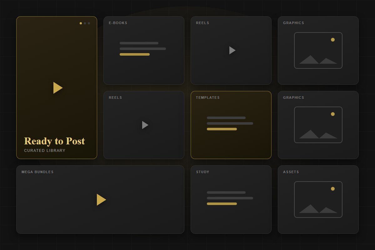 A selection of DIGI IMPROVEMENT digital products — reels bundles, e-books, templates and graphics
