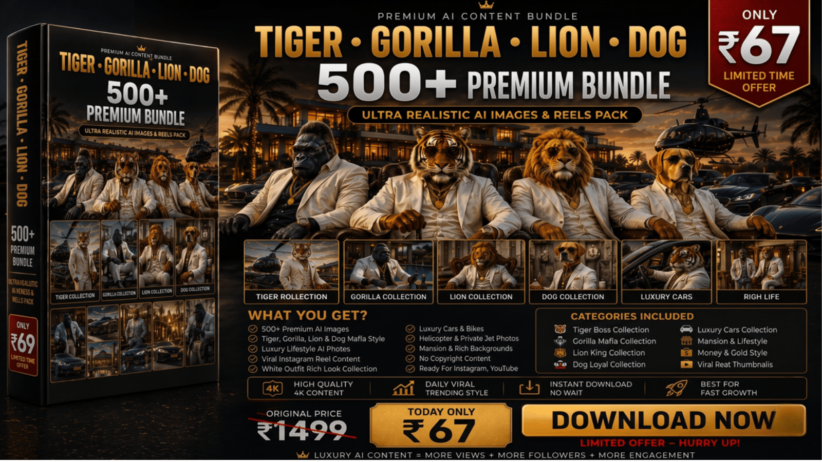 500+ PREMIUM AI TIGER GORILLA LION DOG REELS BUNDLE
